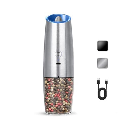 Rechargeable Gravity Salt Pepper Grinder Set, 1 Pack (Silver) | Gravity Automatic Grinder With LED Light & Adjustable Roughness, Rechargeable Seasoning Tool For Kitchen Use - color: Rechargeable/Single/Silver