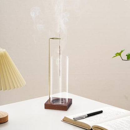 Ceremony Incense Holder, Wooden Incense Holder for Sticks with Glass Ash Catcher Inverted Scent Holder - color: Wooden Round