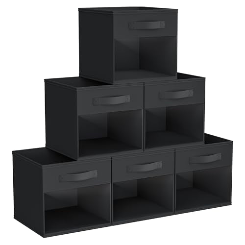 DIMJ Cube Bins, 6 Packs Fabric Storage Cubes with Clear Window, Storage Bins with Handles, Storage Baskets for Organizing Living Room, Bedroom, Office, Black - color: Black, size: 10.6 Inch.- 6 Pack