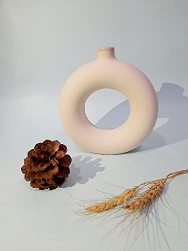 Donut Vase Pot Off White Ceramic Decorative Handcrafted Round Shaped for Home Decor, Center Table, Bedroom Side Corner, Living Room Decoration,and Gift, 6 Inches