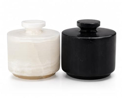 Marble Salt Cellar with Lid, Black and Onyx - color: Black and Onyx