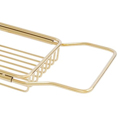 Expandable Stainless Steel Bathtub Caddy Tray, Adjustable Over Tub Rack Marble Board Anti-Slip Groove Raised Guardrail Modern Bath Organizer for Home Hotel Bathroom Use (Gold + White) - color: Gold + White