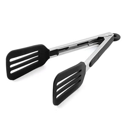 Cooking Tong 9 inches Stainless Steel Kitchen Silicone Serving Tong | Heat Resistant Meat Turner Spatula Tongs Fish Tongs for Grilling Steak Salad Pasta Buffet Serving (Black) - color: Black, size: 9 inch