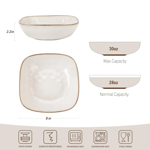 famiware Pasta Bowls Set of 4, Square 8" Serving Bowl, Cappuccino White | Microwave & Dishwasher Safe, Lead-free and Cadmium-free, Stoneware Scratch Resistant Plates Bowls, Serving Bowls - color: Cappuccino White