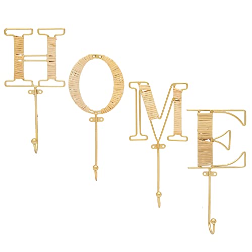 Okuna Outpost 4-Piece Key Holder Wall Mount - Hooks That Spell Home & Rattan Key Hooks - Gold Wall Mount Letter Holder - Vertical/Horizontal Mounting & Room Decor - Gold, Home Letters, 4 x 10 in