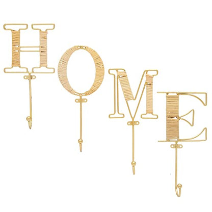 Okuna Outpost 4-Piece Key Holder Wall Mount - Hooks That Spell Home & Rattan Key Hooks - Gold Wall Mount Letter Holder - Vertical/Horizontal Mounting & Room Decor - Gold, Home Letters, 4 x 10 in