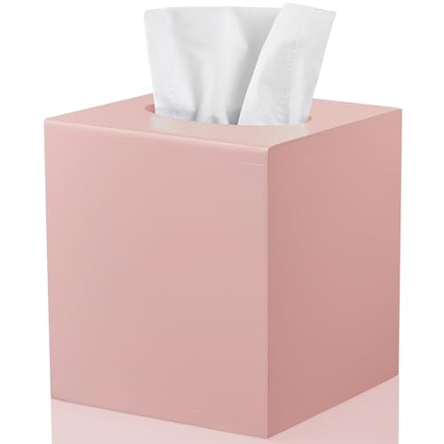 Pink Tissue Box Cover Square - Wood Tissue Box Holder for Tabletop Night Stands Bathroom Office - Decorative Facial Cube Tissue Box Dispenser - color: Pink, size: Square