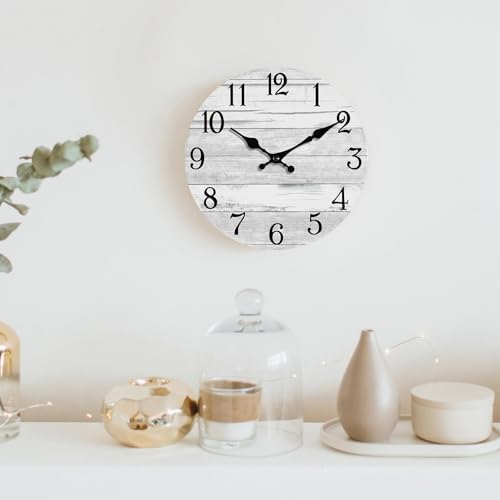 KECYET 10 Inch Wall Clock Battery Operated Gray White Silent Farmhouse | Round analog clock; large easy-read dial for bathroom, kitchen, bedroom & living room; 1 AA battery (not included) - color: Light Gray, size: 10"