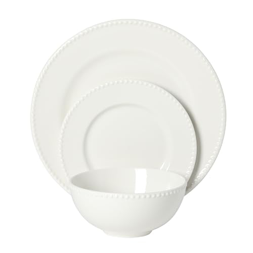 Gibson Home Caviara Plates and Bowls Set, 12-Piece Dinnerware Set, White Round Beaded Rim Ceramic Dish Set, Dinner Plates, Salad Plates & Cereal Bowls - color: White (Caviara)