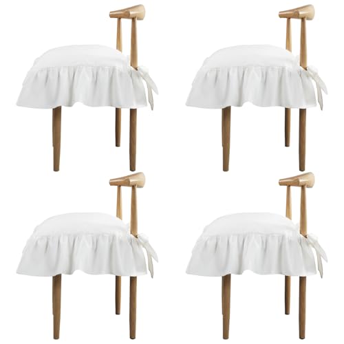 4 Pcs Ruffle Chair Cushions Cover 17.5''x17.5'' French Chair Pad Slipcover with Ties Ruffled Skirt Seat Cover Farmhouse Decor Covers Only, for Home Dining Kitchen Chairs Cushion - color: White, size: No Padding