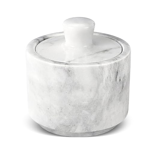 Flexzion Marble Salt Cellar with Lid, Salt Holder for Counter, White | 4.2 X 3.9 X 2.9-Inch Marble Salt Box for Spices, Herbs, Sugar, Tea or Coffee Beans; Also Stores Jewelry and Office Supplies - color: White