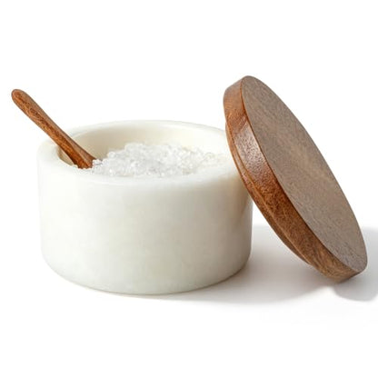 Marble Salt Cellar with Wood Lid and Spoon, White Salt Keeper Bowl, Natural Stone Salt Container for Kitchen Counter, Pepper, Sugar, Spices and Dry Seasonings - color: White