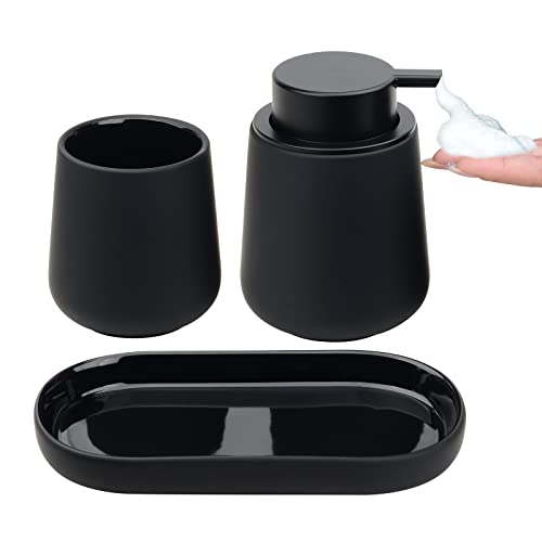 BosilunLife Ceramic Bathroom Accessories Set 3 Pcs | Foaming Soap Dispenser and Toothbrush Holder with Tray, Modern Farmhouse Vanity Decor, Black Housewarming Gift - color: Black, style: Foam