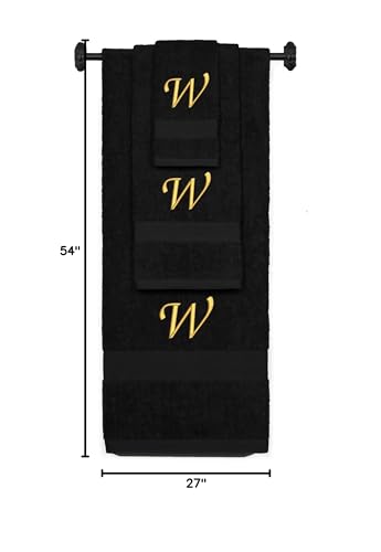 Monogrammed Bath, Hand, Washcloth Cotton Towel Set, Personalized Gift 3Pc-W - color: Black & Gold, size: Initial W
