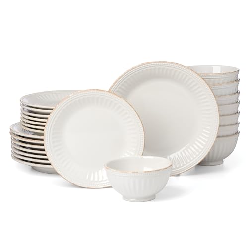 Lenox French Perle Groove White Stoneware 24-Piece Dinnerware Set for 8 | dishwasher safe | plates and bowls sets for kitchen and dining | 11 inch plate, dish set, dishes | 2.25 inch, 16oz - style: 24-Piece Dinnerware Set