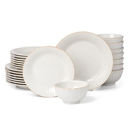 Lenox French Perle Groove White Stoneware 24-Piece Dinnerware Set for 8 | dishwasher safe | plates and bowls sets for kitchen and dining | 11 inch plate, dish set, dishes | 2.25 inch, 16oz - style: 24-Piece Dinnerware Set
