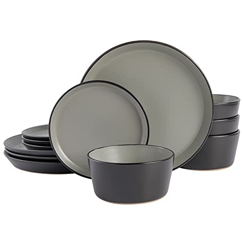 Gibson Soho Lounge Sofia Coupe 12-Piece Stoneware Dinnerware Set, Service for 4 – Grey Plates and Bowls - color: Gray, size: Service for 4 (12pcs)