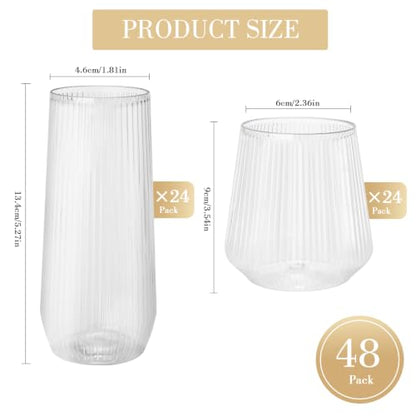 48 Pack Plastic Glasses – 24 x 9oz Stemless Champagne Flutes & 24 x 12oz Stemless Wine Glasses – Elegant Disposable Shatterproof Cup – BPA-Free Drinkware for Weddings, Parties (Clear Ribbed) - color: Clear Ribbed