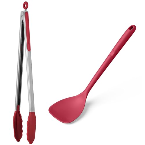 U-Taste 600ºF High Heat 16in Silicone Kitchen Tong and 600ºF Heat Resistant 13.76" Long, 3.63" Wide Wok Spatula for Kitchen Stir Fry (Red)