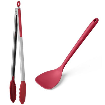 U-Taste 600ºF High Heat 16in Silicone Kitchen Tong and 600ºF Heat Resistant 13.76" Long, 3.63" Wide Wok Spatula for Kitchen Stir Fry (Red)
