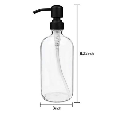 4 Pack Glass Soap Dispenser with Matte Black Stainless Steel Pump, 16 Oz Clear Boston Round Bottles Bathroom Kitchen Soap Dispenser for Essential Oil, Dish Soap, Hand Soap, Lotion Soap