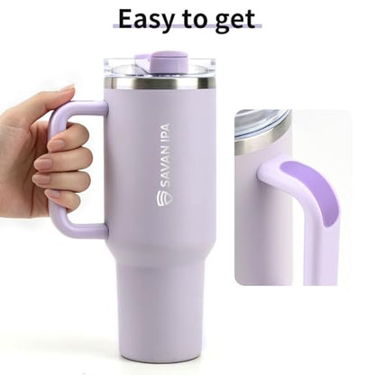 Insulated Tumbler, Lavender, 40 oz | Stainless Steel Vacuum, Handle and Straw, Leak Resistant Lid, Fits Car Cup Holder - color: Orchid Purple, size: 40 oz