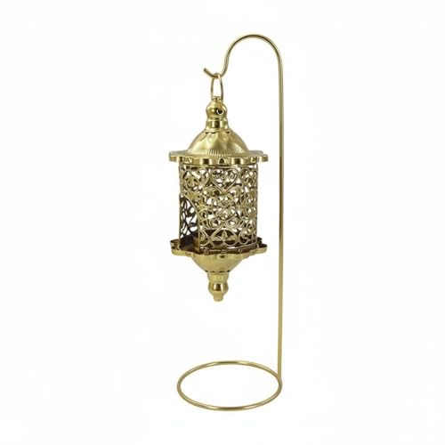 Gralara Hanging Candle Lantern with Stand Wrought Iron Baroque Style Lantern Romantic Atmosphere Hollow Metal Candle Holder for Living Room, Tabletop, Wedding, Gold