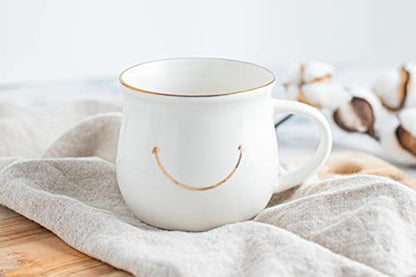 Elegant Gold-Accented Smiley Face Ceramic Mug - 13 Oz, Unique & Thoughtful Gift for Coffee Lovers, Eco-Friendly, Durable - Ideal for Home or Office - color: White