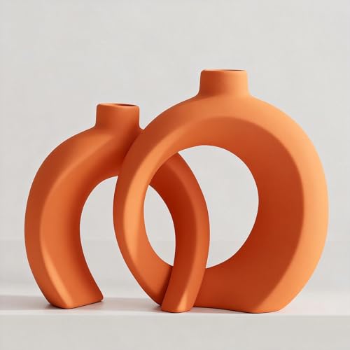 Set of 2 Orange Ceramic Vases for Home Decor Accents - Unique Hollow Donut Artistic Design Mid-Century Modern Eclectic Fall Style Decorative Vases for Shelf, Mantel, Entryway Table Decor(Matte Orange) - color: Matte Orange