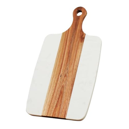 Cutting Board for Kitchen – 13.8" x 7.3" Wooden Serving Board with Handle for Steak Bread Cheese & Fruits – Marble and Acacia Butcher Block Chopping Board, Easy to Clean - color: White