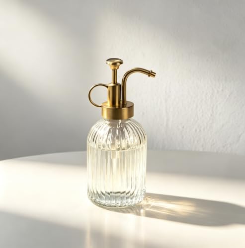 Vintage Vertical Striped Glass Plant Mister, Brass Pump Small Watering Spray Bottle for Succulent Indoor Plants
