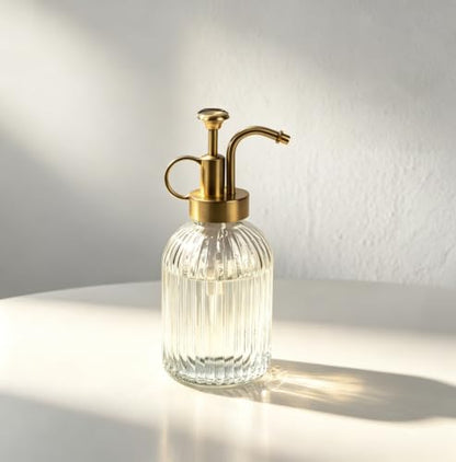 Vintage Vertical Striped Glass Plant Mister, Brass Pump Small Watering Spray Bottle for Succulent Indoor Plants