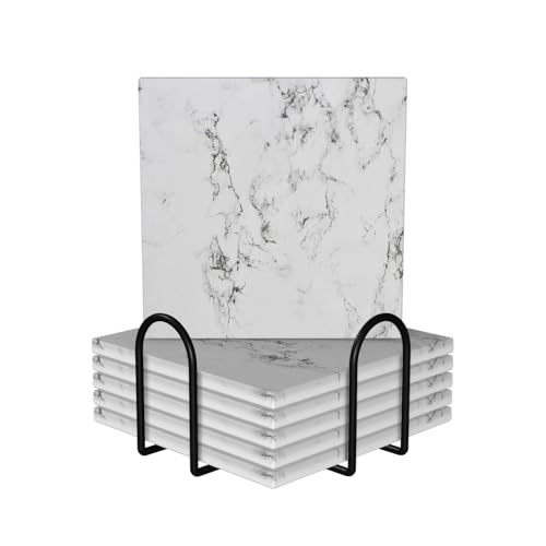 Marble White Square Ceramic Coasters Set of 6 Pack, Rustic/Retro White Ink Granite Marble Texture Stone Drink Coaster with Cup Holder Anti-Scratc Cork Backing Bar Kitchen Home Housewarming Gift - color: White Grey Marble, size: Square