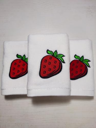 Generic Embroidered Terry Velour Fingertip Towel Set - Quick-Drying, Highly Absorbent, Ultra-Soft, 11 x 18 inches, 3-Pack for Kitchen and Bathroom, Ideal for Gifts and Travel (3, Strawberry), Small - color: Strawberry