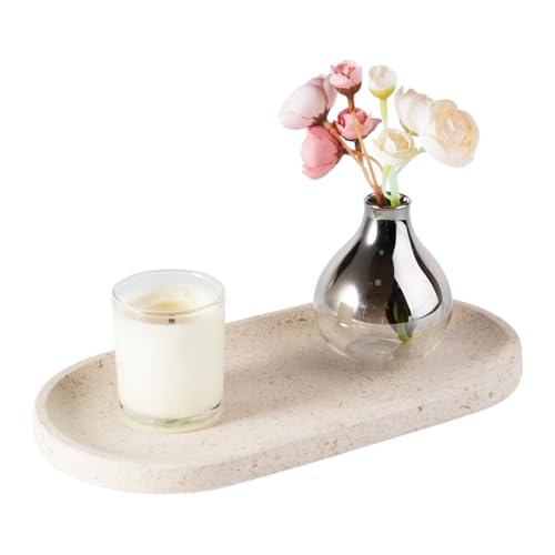 Marble Vanity Tray for Decor, Natural Bathroom Tray for Bathroom Countertop, Stone Decorative Trays for Dresser Organizer, Storage Trays for Perfume, Jewelry Holder(Beige Yellow) - color: Moca Cream Media, size: 12" x 6" x 0.7"