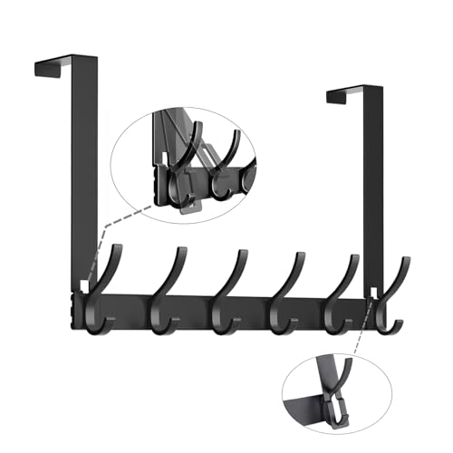 2 Pack Over The Door Hooks - NO NAIL over door hanger holder,NO ASSEMBLY REQUIRED large over the door towel rack with 12 hooks, heavy duty hooks for bathroom,bedroom,hanging towels,coats (Black)