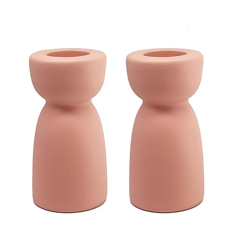 Candlestick Holders, Ceramic Pink Taper Candle Holder Candlelight Stand Candleholder, Modern Boho Candle Holders for Desktop Table Setting Dining Bathroom Wedding Decoration,2 Pack - color: Pink