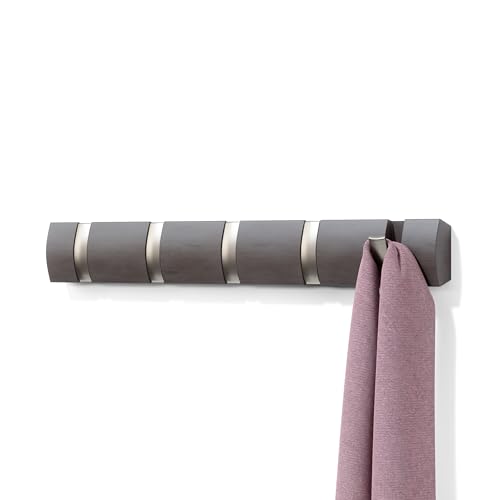Umbra Flip Coat Rack, Wall Mounted 5-Hook Space Saving, Driftwood/Nickel | Real wood and steel build, retractable hooks fold flat, holds coats bags and scarves, easy install - color: Driftwood/Nickel, size: 5-Hook