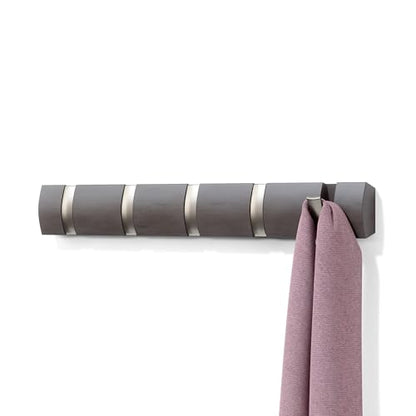 Umbra Flip Coat Rack, Wall Mounted 5-Hook Space Saving, Driftwood/Nickel | Real wood and steel build, retractable hooks fold flat, holds coats bags and scarves, easy install - color: Driftwood/Nickel, size: 5-Hook