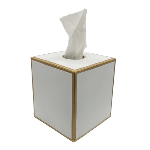 Jaye's Studio White Tissue Box Cover, Square Metal Gold Cube for Bathroom | Matte Hand-Painted Finish, Fits Facial Holders, Polished Trim, Open Bottom, Nursery Vanity Desk - color: White