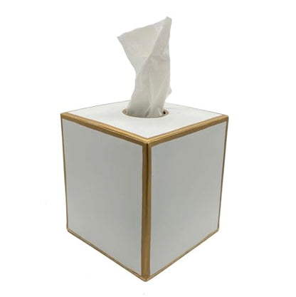 Jaye's Studio White Tissue Box Cover, Square Metal Gold Cube for Bathroom | Matte Hand-Painted Finish, Fits Facial Holders, Polished Trim, Open Bottom, Nursery Vanity Desk - color: White