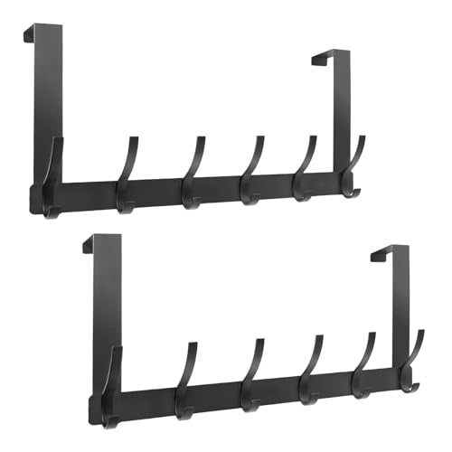 2 Pack Over The Door Hook，Door Hanger for Hanging，Over Door Hanger Holder for Coat Robe Hat Clothe Towels，Towel Racks for Bathroom with 12 Coat Hooks (Black, 2 Pack-6 Hooks) - color: Black