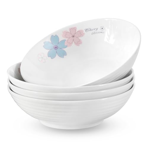 Large Pasta Ceramic Salad Bowl, Soup Bowls, Serving Dinner, Set of 4 Gift for Housewarming 18 Oz Kitchen Dinner 8 inches, Microwave Dishwasher Safe - color: Blue Pink Cherry Blossoms, size: Colorful Ceramic Bowls-18 oz (4 pack)