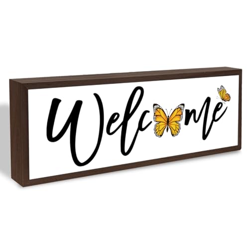 Welcome Wood Home Decor Signs, Welcome Butterfly Wood Plaque, Home Tabletop Desk Decorative Sign, Farmhouse Porch Decor, Hanging Decorative Wooden Plaque 9.5x3.1 Inches(A7) - color: welcome 07