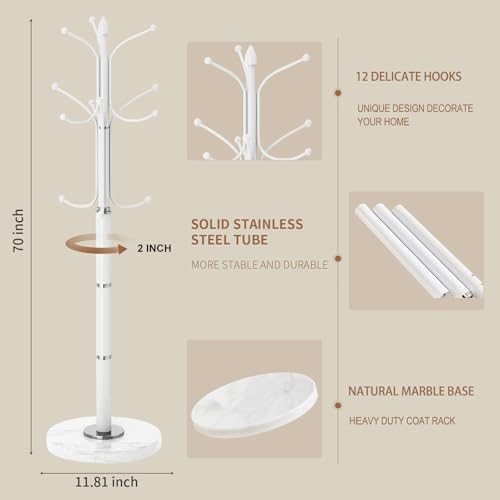 Coat Rack Stand,White Metal Coat Rack Freestanding with 12 Hooks | Modern Coat Rack with Natural Marble Base,Heavy Duty Coat Hanger Stand, Coat Hall Clothes Tree Stand for Office,Bebroom - color: White-12Hooks