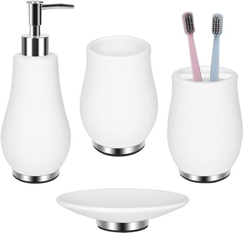 RQYIXI Ceramic 4-Piece Bathroom Accessories Set, White, Tulip Design | ceramic tulip-inspired curved design with stainless steel base modern countertop organization - color: White, size: Tulip-4-Piece