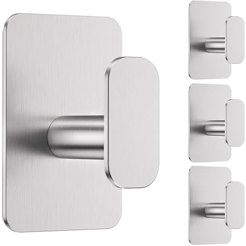 Large Heavy Duty Wall Hooks - 26lb Max, Stainless Steel Adhesive Towel Hooks for Hanging Towel, Coat, Robe, Hat, Sticky Towel Holder for Wall Mount in Bathroom, Shower, Kitchen(Silver, 4 Pack) - color: Silver-4