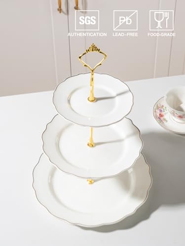 Sweejar 3 Tier Ceramic Cake Stand Wedding, Dessert Cupcake Stand for Tea Party Serving Platter(White) - color: Snow White