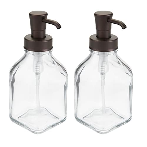 mDesign Square Glass Refillable Liquid Soap Dispenser Pump Bottle for Bathroom Vanity Countertop, Kitchen Sink - Holds Hand Soap, Dish Soap, Hand Sanitizer, Essential Oils - 2 Pack - Clear/Bronze - color: Clear/Bronze