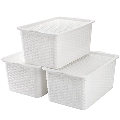 Dicunoy 4 Pack Lidded Storage Bins with Lids, White Stackable Storage Baskets for Shelf, Plastic Pantry Organizer with Handle for Home, RV, Lockers, Classrooms, School, Toys, 11" x 7" x 5"